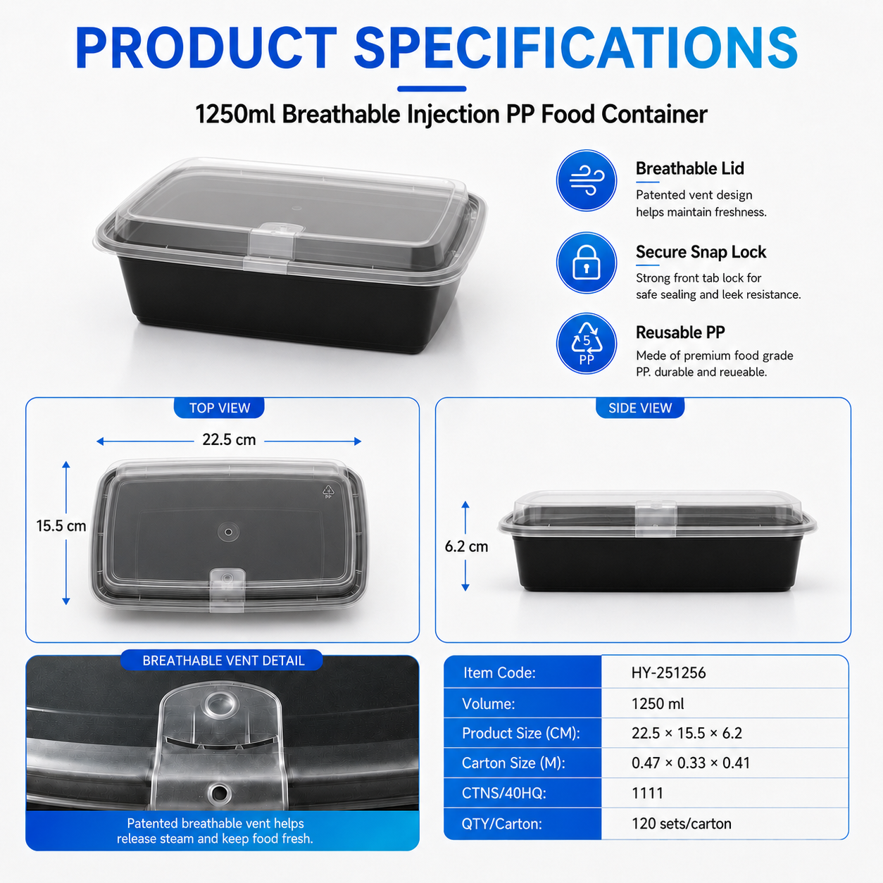 HY-251256 1250ml Vented Lid Injection Molded PP Food Container for Takeaway